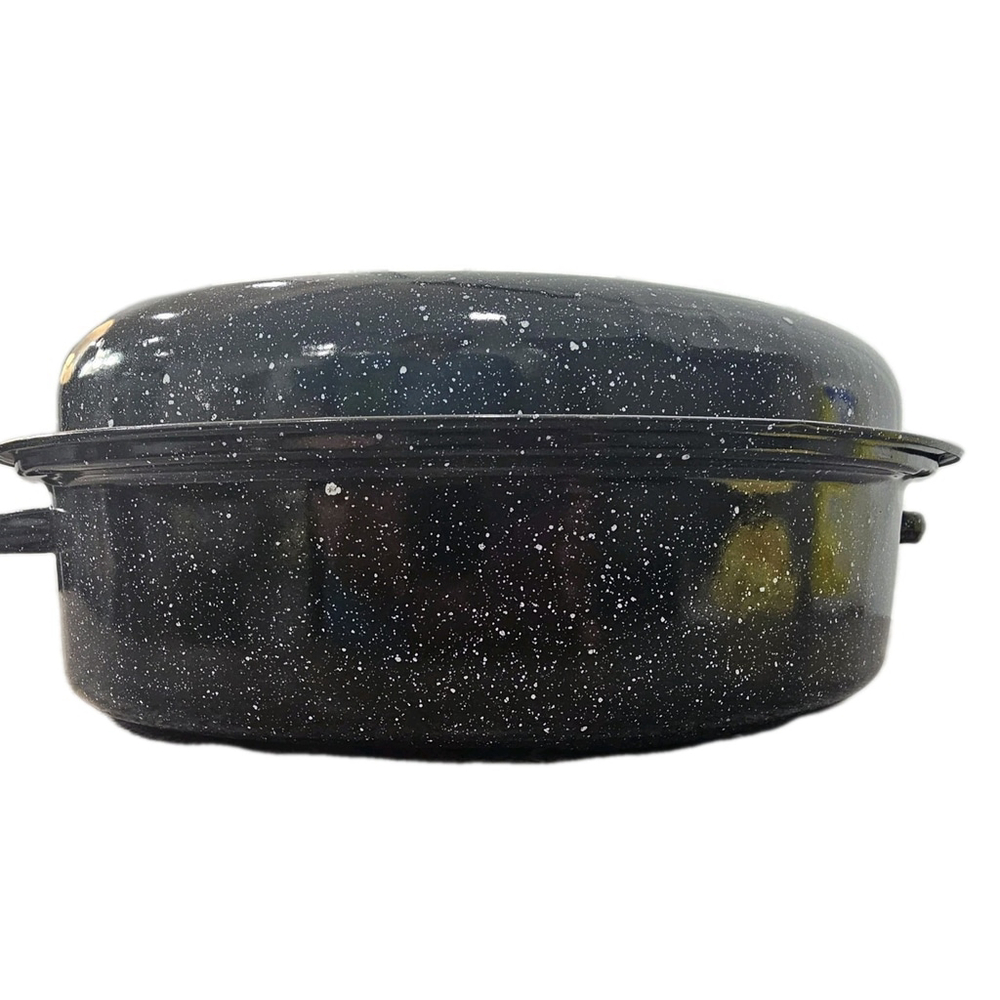 Vintage Black Speckled Enamel Oval Roasting Pan with Lid, Brand New
